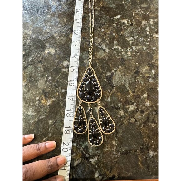 Black Stone Statement Necklace With Long Gold Chain & Teardrop Pendant - Picture 6 of 7